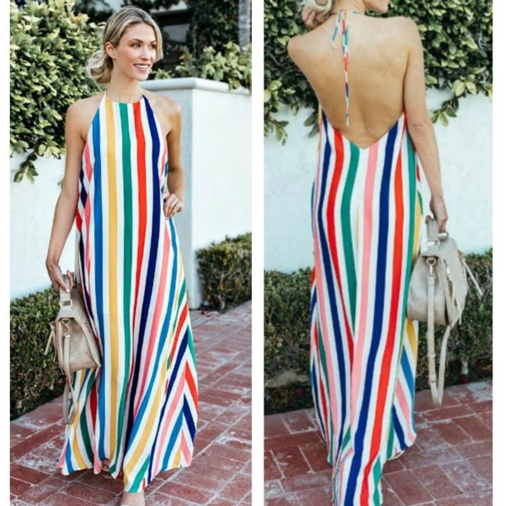 Backless Striped Halter Maxi Dress Tie-Neck Sleeveless Colorful Striped Size S